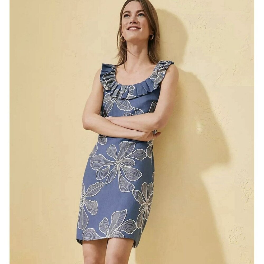 LOFT Blue Floral Embroidered Dress 6 Ruffle Neck Linen Blend Vacation
